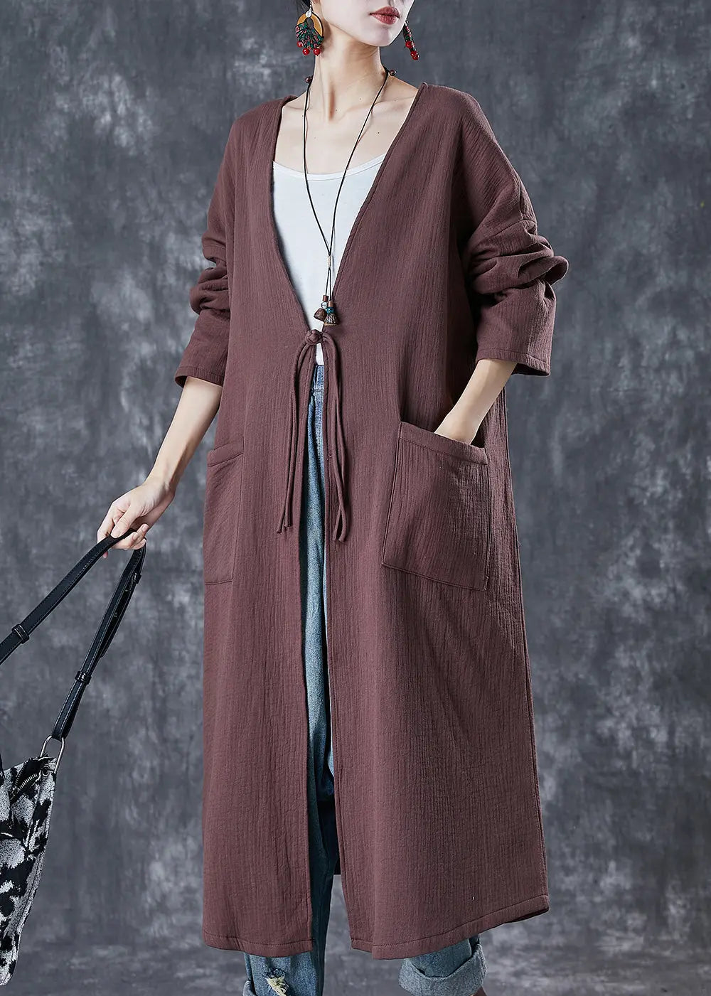 Classy Chocolate Oversized Chinese Button Linen Long Cardigan Spring Ada Fashion