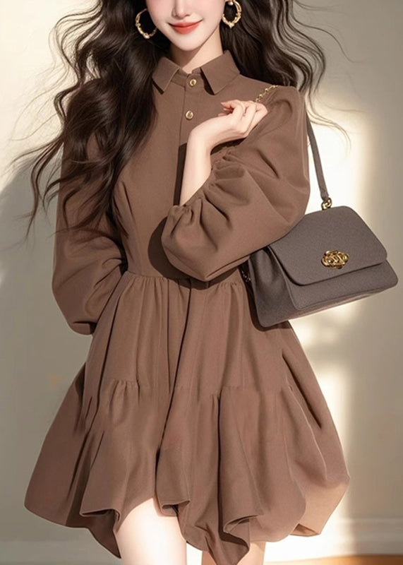 Button Peter Classy Coffee Mid Dress Patchwork Collar Pan Half