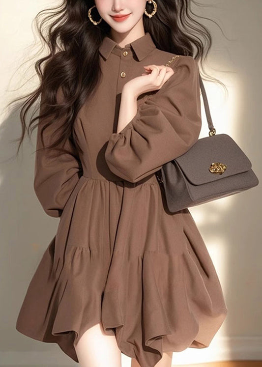 Button Peter Classy Coffee Mid Dress Patchwork Collar Pan Half