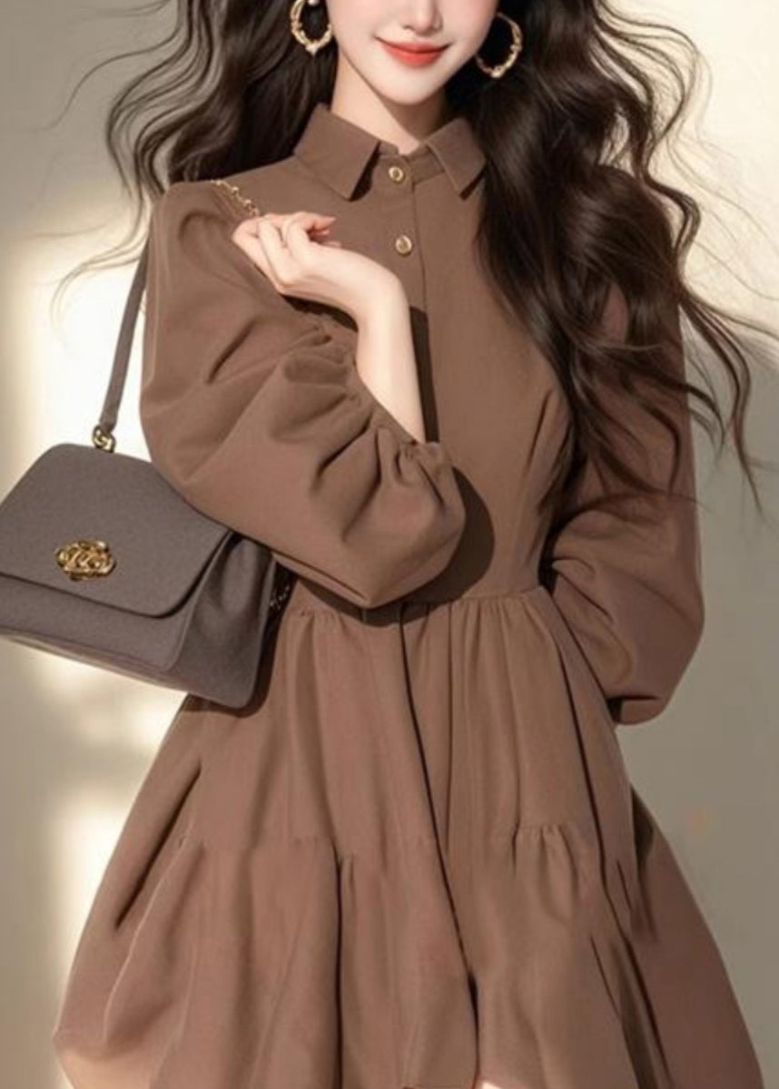 Button Peter Classy Coffee Mid Dress Patchwork Collar Pan Half