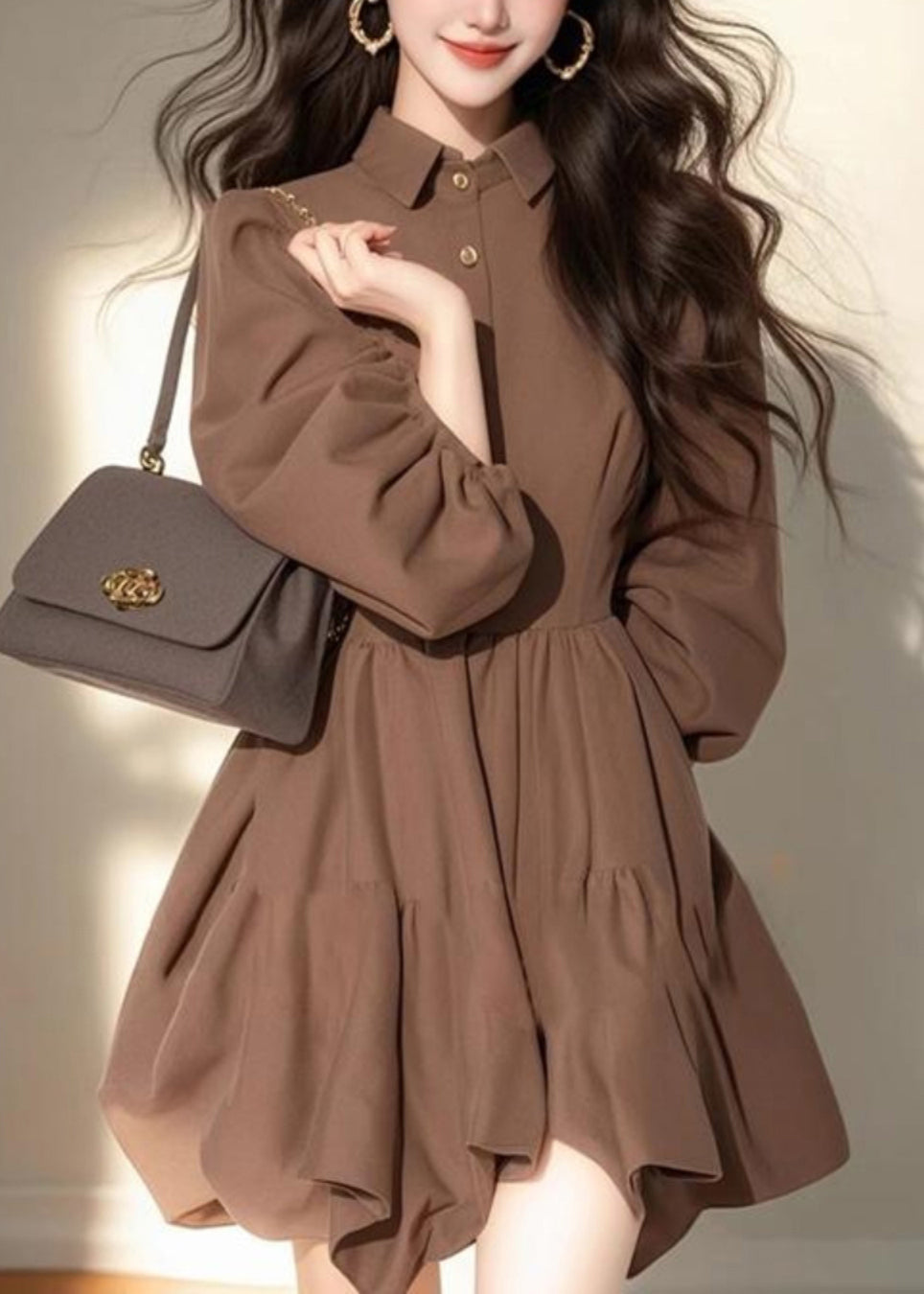 Button Peter Classy Coffee Mid Dress Patchwork Collar Pan Half