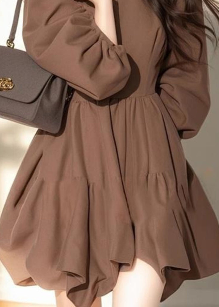 Button Peter Classy Coffee Mid Dress Patchwork Collar Pan Half