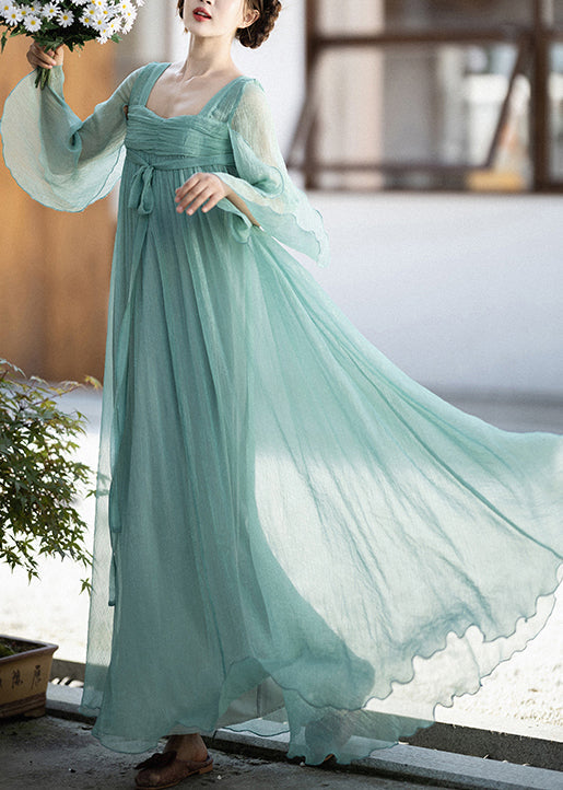 Classy Green Square Collar Wrinkled Lace Up Chiffon Dresses Summer Ada Fashion