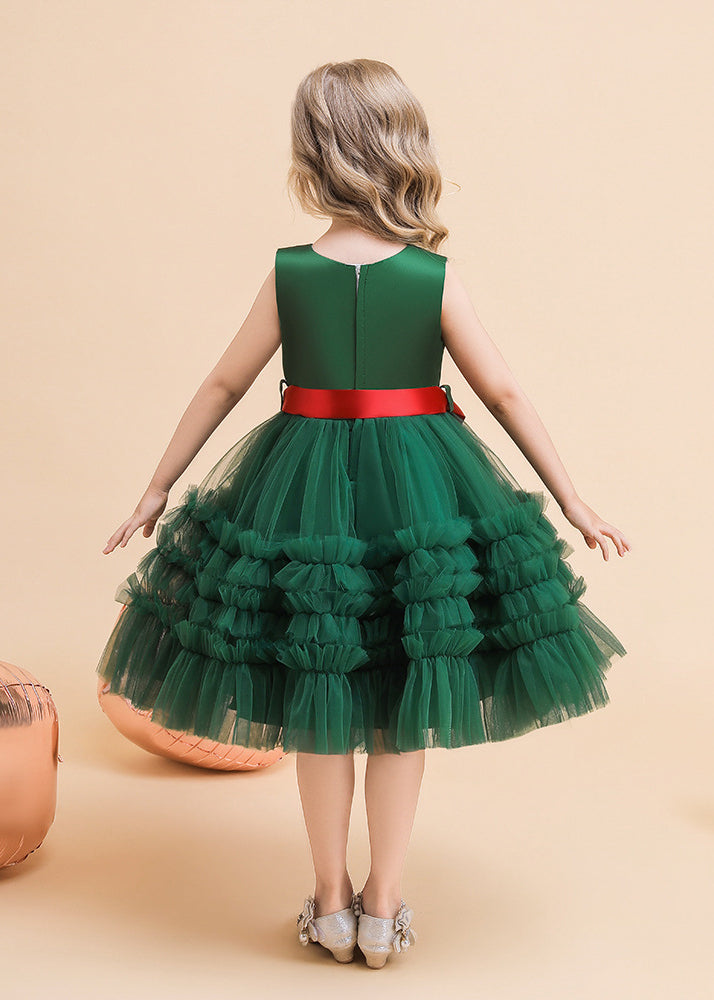 Classy Green V Neck Tie Waist Tulle Girls Long Dresses Summer RP036