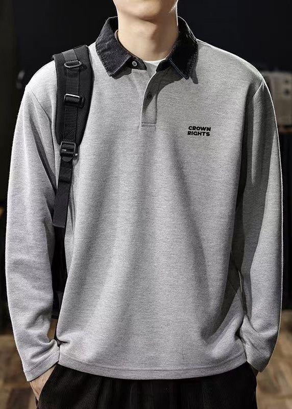 Classy Grey Button Patchwork Cotton Oversized Men Polo Sweatshirt Spring TC035