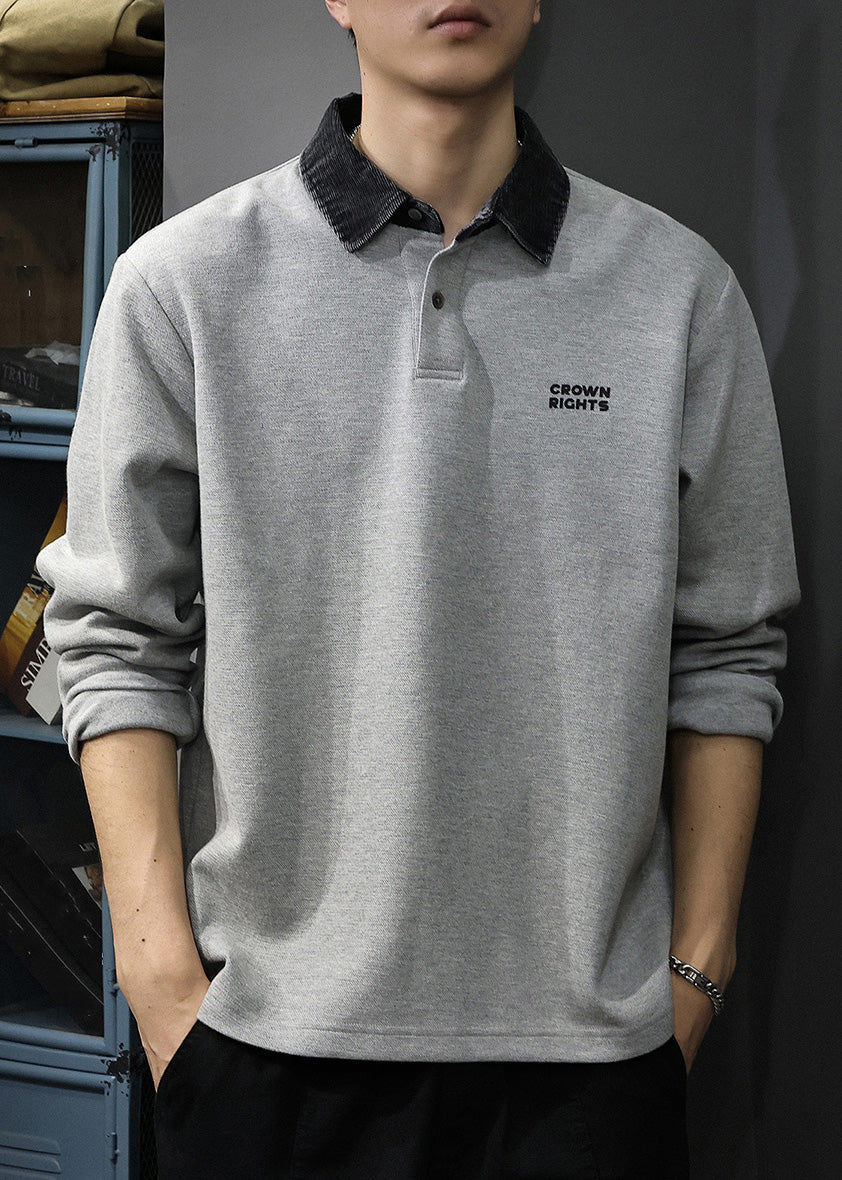 Classy Grey Button Patchwork Cotton Oversized Men Polo Sweatshirt Spring TC035