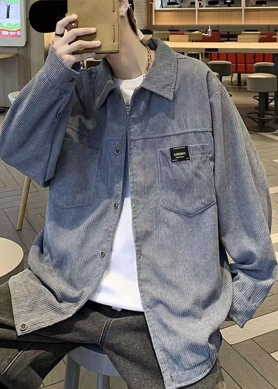 Pockets Grey Button Classy Oversized Men Corduroy Coat Coats