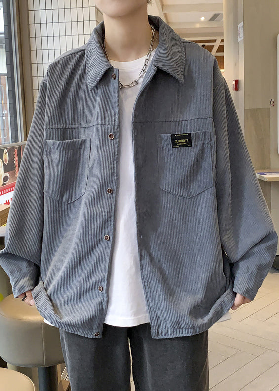 Pockets Grey Button Classy Oversized Men Corduroy Coat Coats