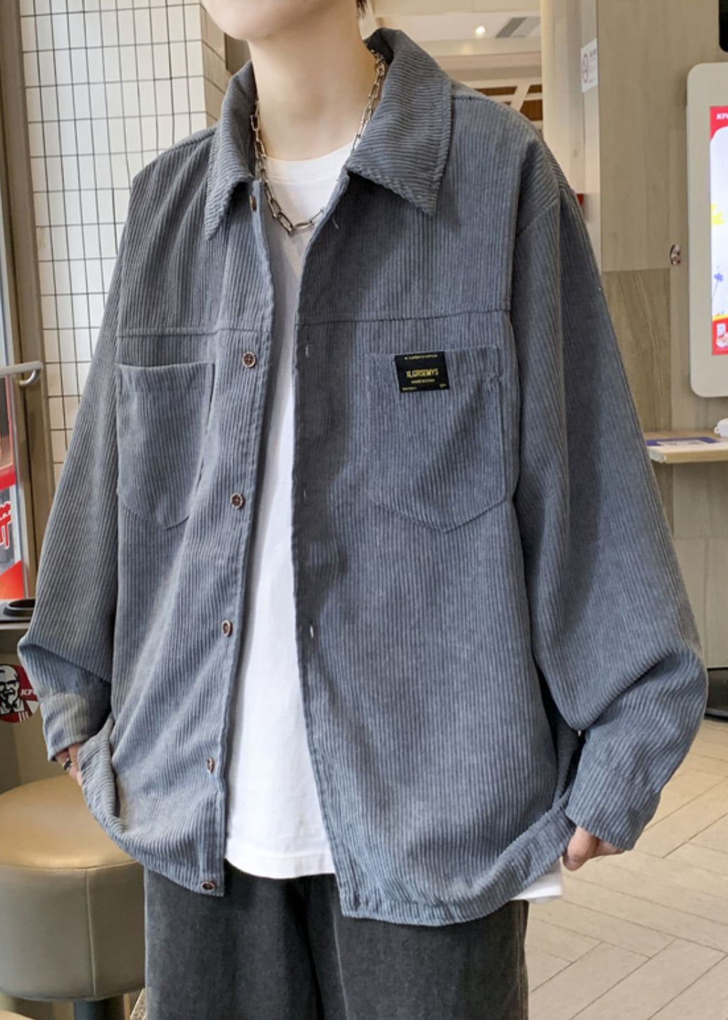 Pockets Grey Button Classy Oversized Men Corduroy Coat Coats