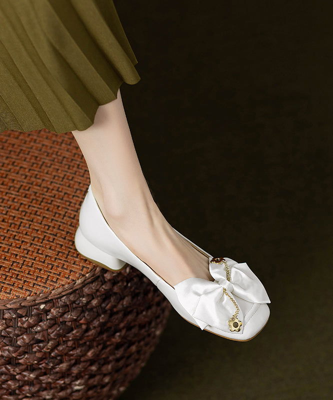 Leather Grey Cowhide Flat Splicing Chunky Bow Shoes Classy