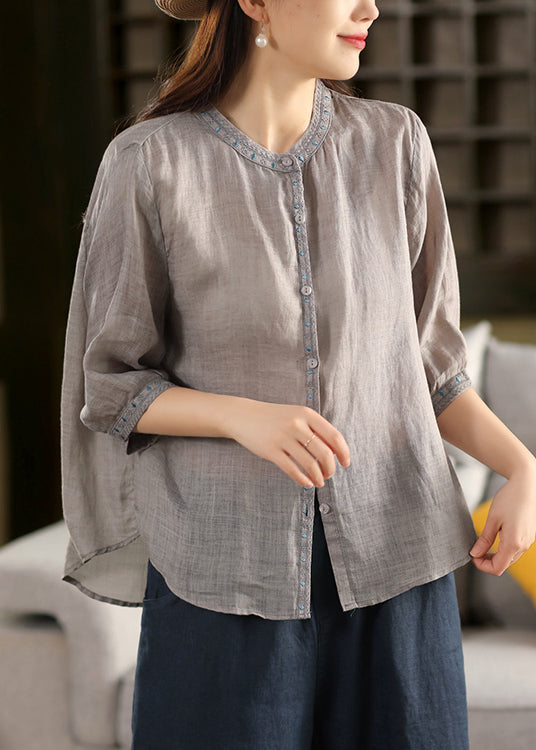 Linen Half Grey Button Classy Sleeve Embroidered Blouses