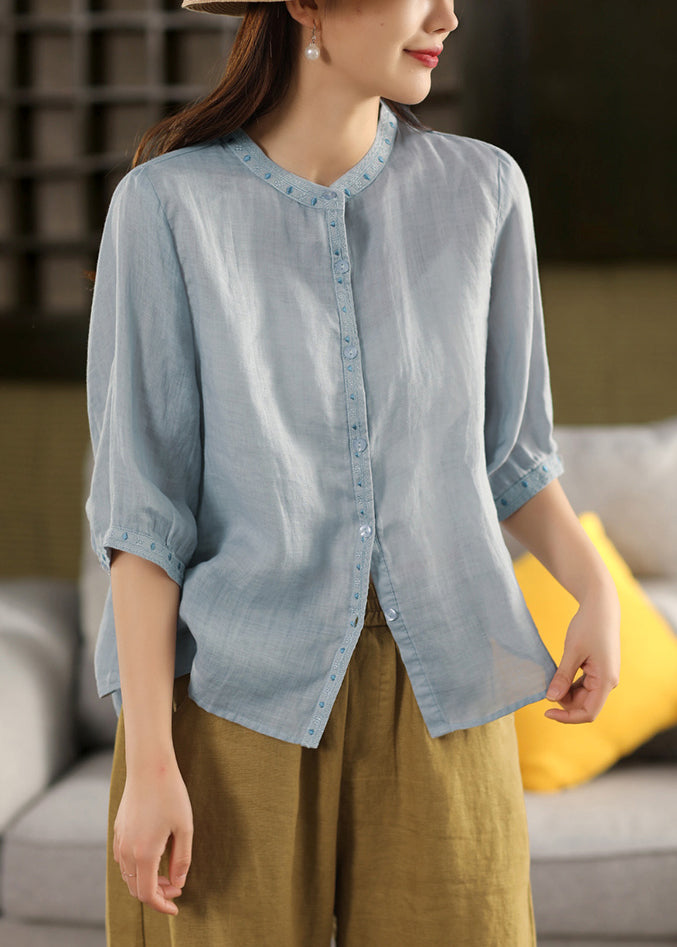 Linen Half Grey Button Classy Sleeve Embroidered Blouses