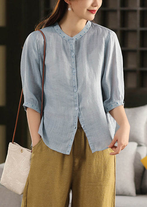 Linen Half Grey Button Classy Sleeve Embroidered Blouses