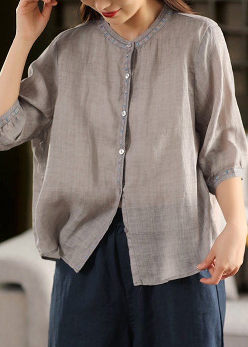 Linen Half Grey Button Classy Sleeve Embroidered Blouses