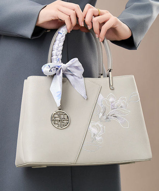 Leather Classy Grey Tote Bag Embroidery Calf