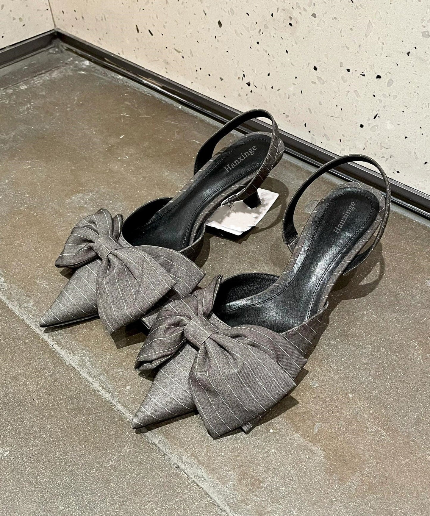 High Classy Bow Heel Sandals Splicing Grey Pointed Toe