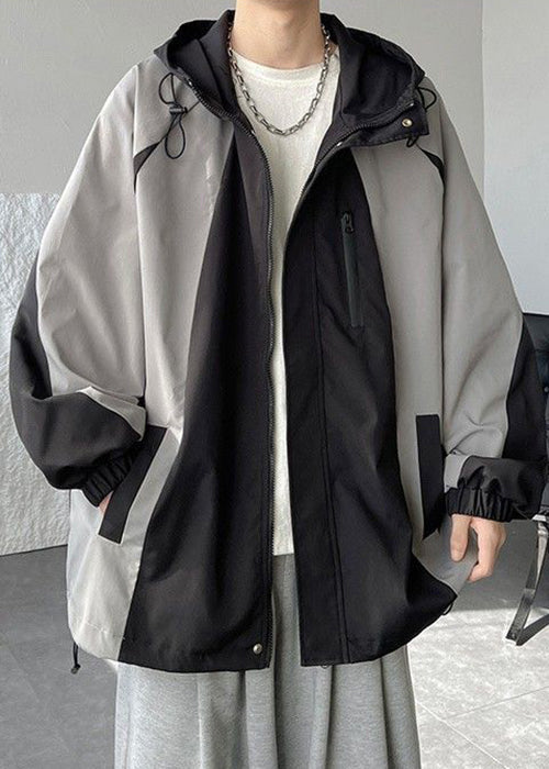 Cotton Hooded Patchwork Mens Classy Coats Grey Drawstring Spring