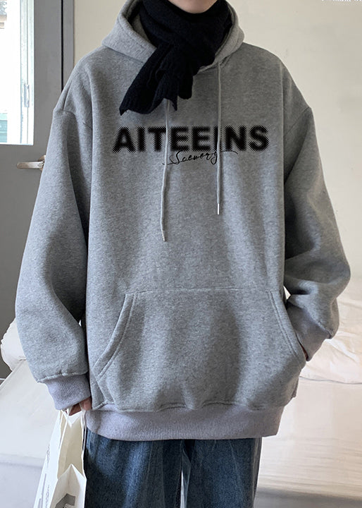 Classy Grey Hooded Letter Warm Fleece Mens Sweatshirts Spring YQ023