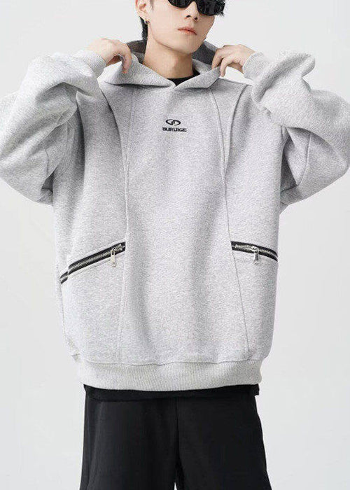 Classy Grey Hooded Zippered Warm Fleece Men Sweatshirt Spring YQ029