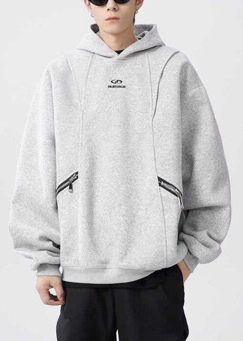 Classy Grey Hooded Zippered Warm Fleece Men Sweatshirt Spring YQ029