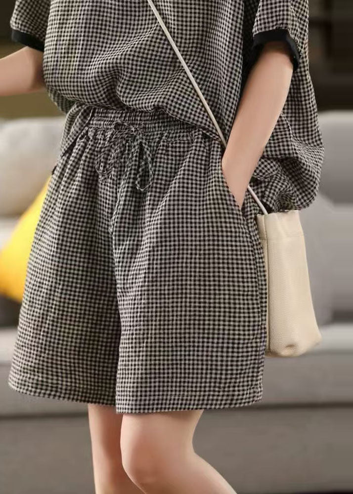 Plaid Linen Summer Shorts Oversized Grey Classy
