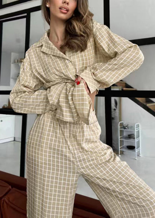 Pajama Fall Plaid Oversized Cotton Khaki Classy Sets