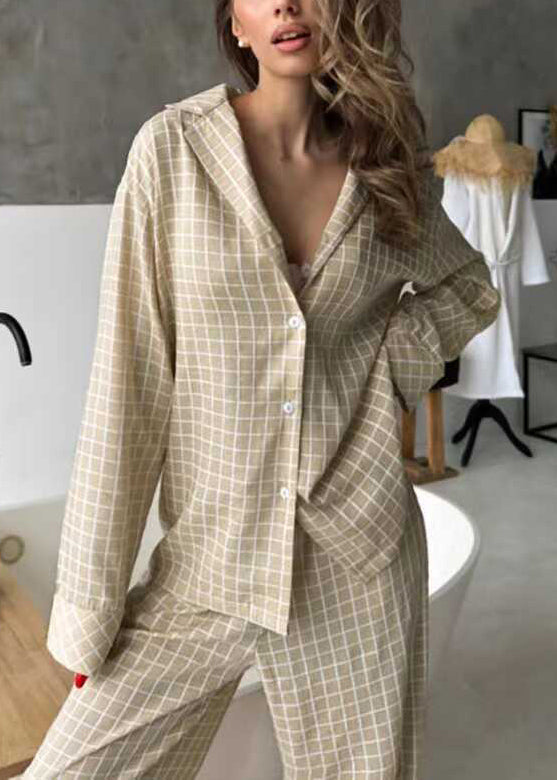 Pajama Fall Plaid Oversized Cotton Khaki Classy Sets