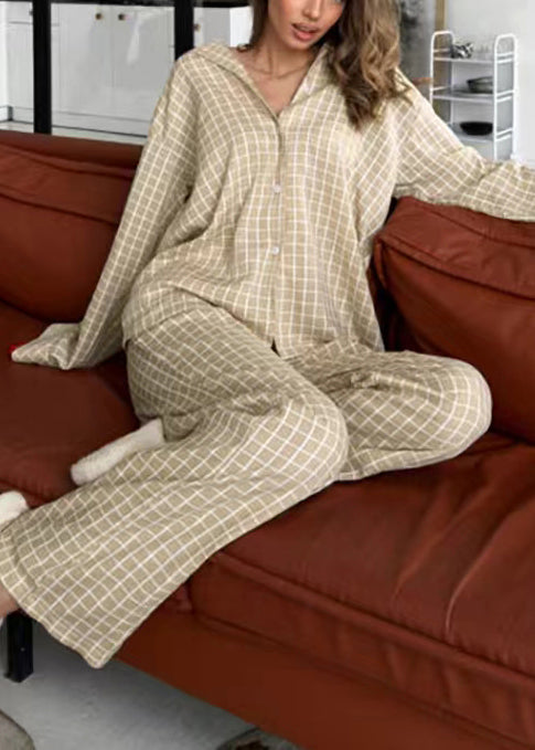 Pajama Fall Plaid Oversized Cotton Khaki Classy Sets