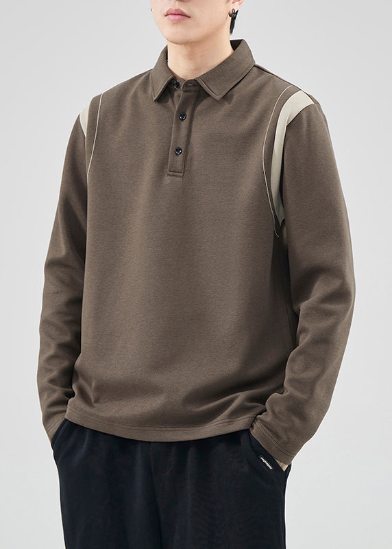 Classy Mo Brown Button Patchwork Cotton Men Polo Sweatshirts Spring TC032