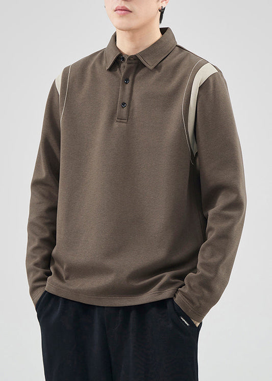 Classy Mo Brown Button Patchwork Cotton Men Polo Sweatshirts Spring TC032