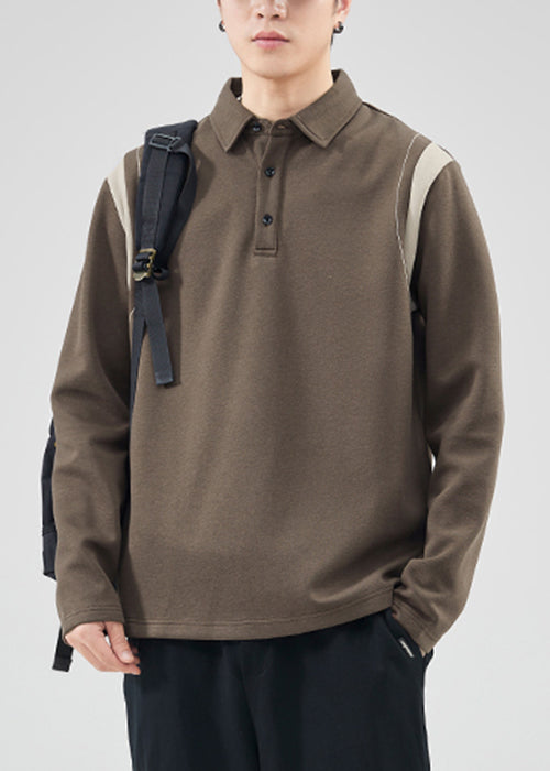 Classy Mo Brown Button Patchwork Cotton Men Polo Sweatshirts Spring TC032