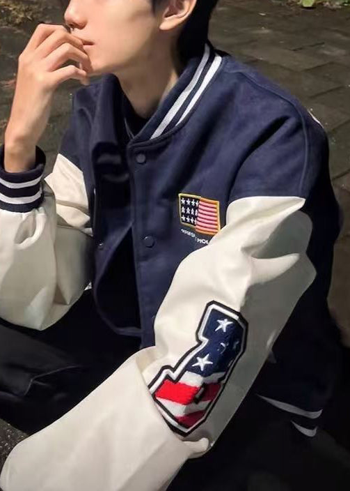 Classy Navy Embroideried Patchwork Cotton Men Coat Spring TC052