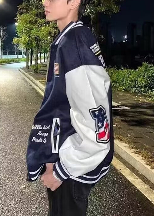 Classy Navy Embroideried Patchwork Cotton Men Coat Spring TC052