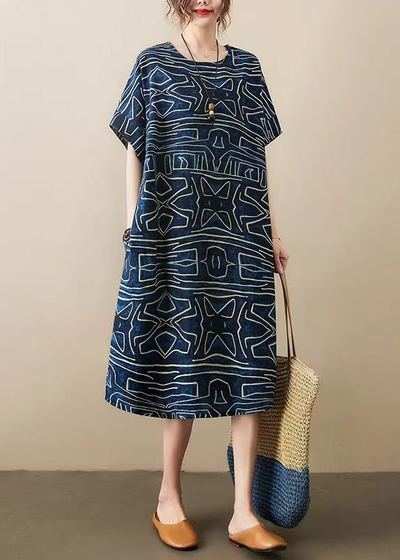 Dresses Classy Summer Oversized Linen Print Navy Robe