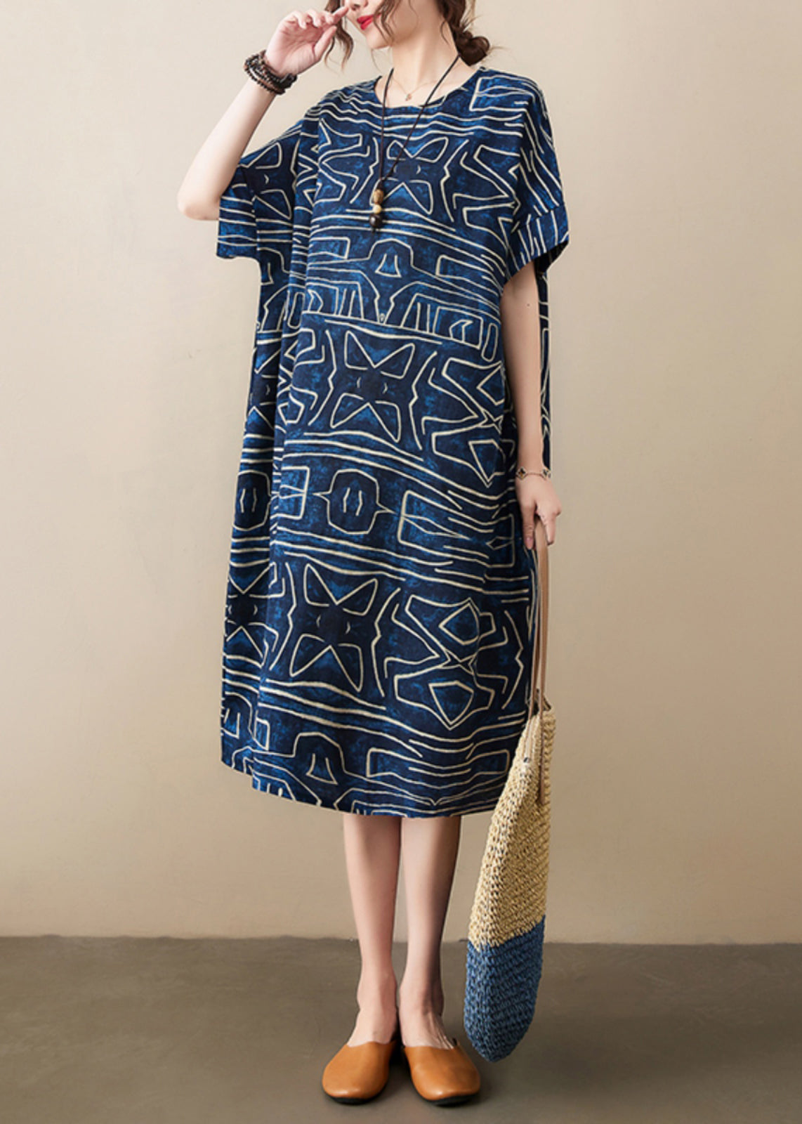 Robe Dresses Navy Linen Oversized Print Summer Classy