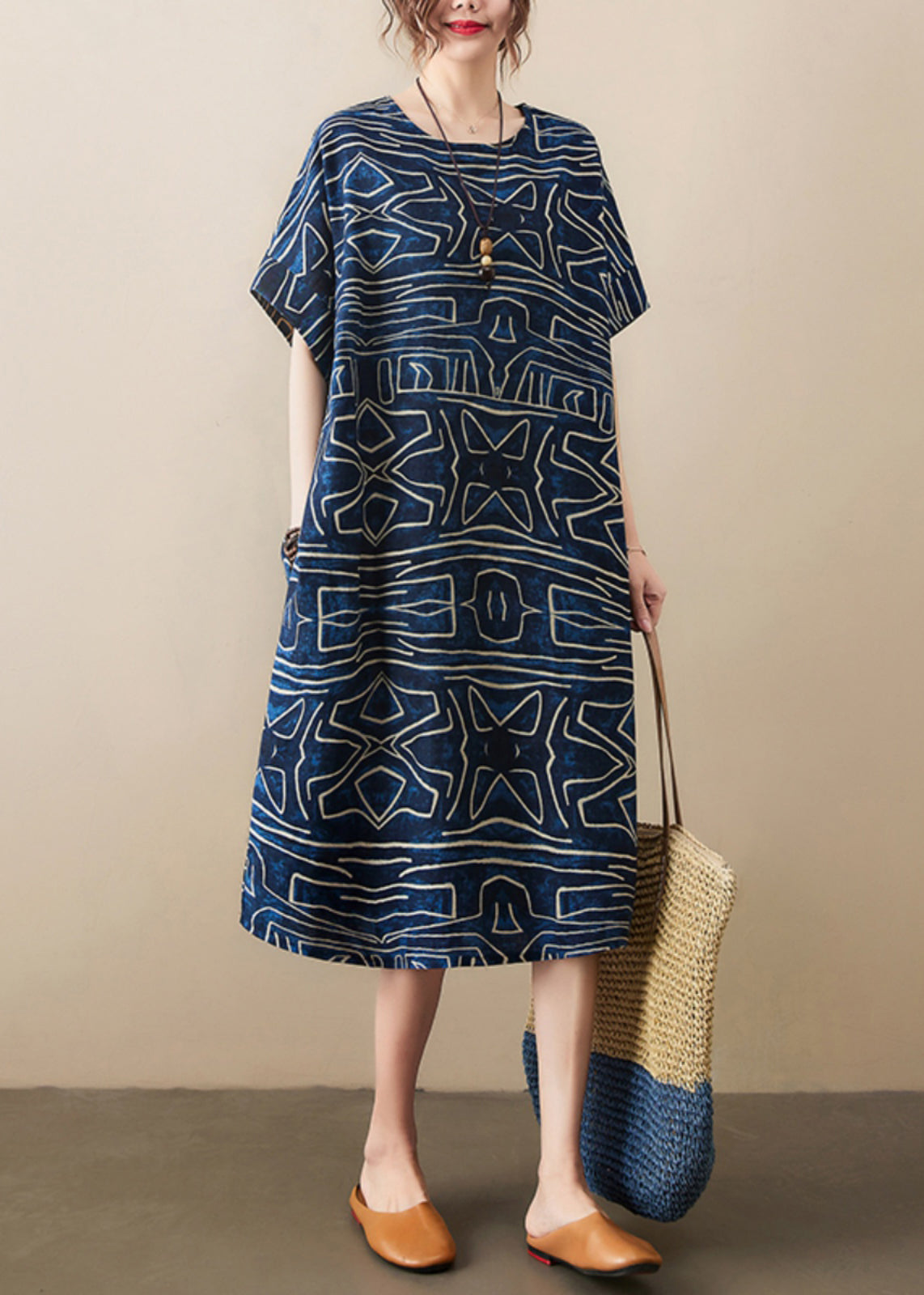 Dresses Classy Summer Oversized Linen Print Navy Robe