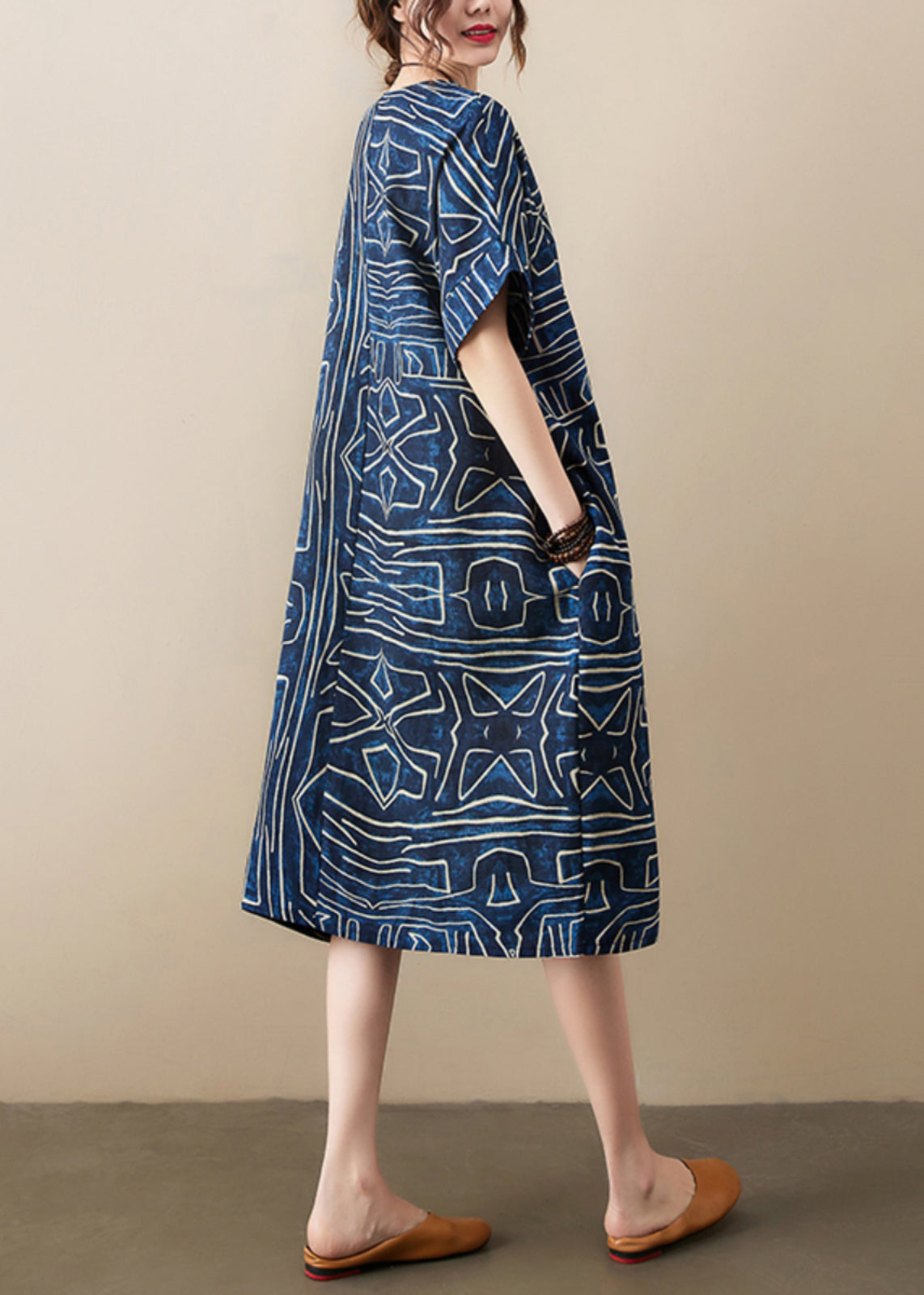 Robe Dresses Navy Linen Oversized Print Summer Classy