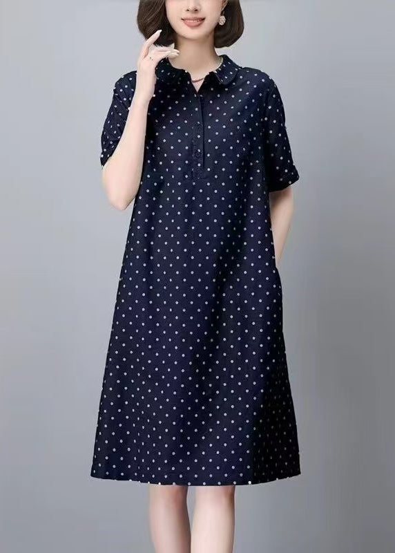 Pan Navy Summer Collar Cotton Peter Dot Mid Classy Dress Pring