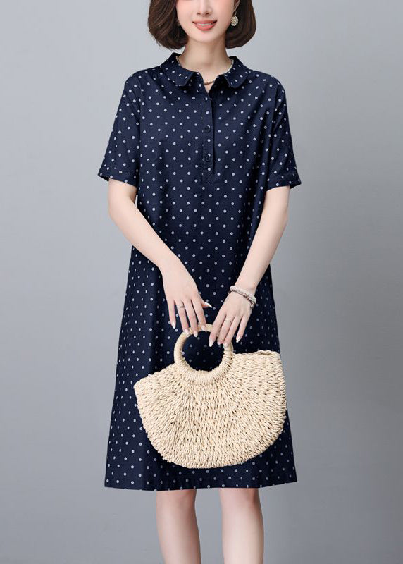 Pan Navy Summer Collar Cotton Peter Dot Mid Classy Dress Pring