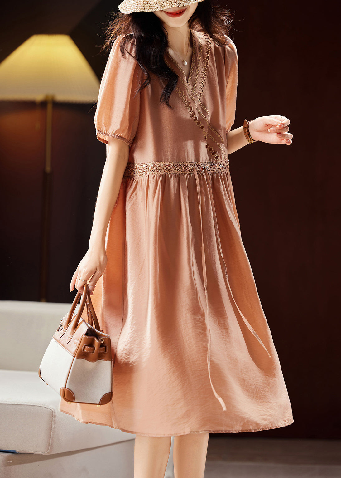 Classy Orange V Neck Hollow Out Patchwork Tie Waist Silk Long Dresses Short Sleeve WW036