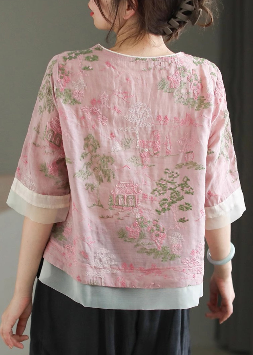 Classy Pink Embroidered Tulle Patchwork Tassel Top Short Sleeve UU028