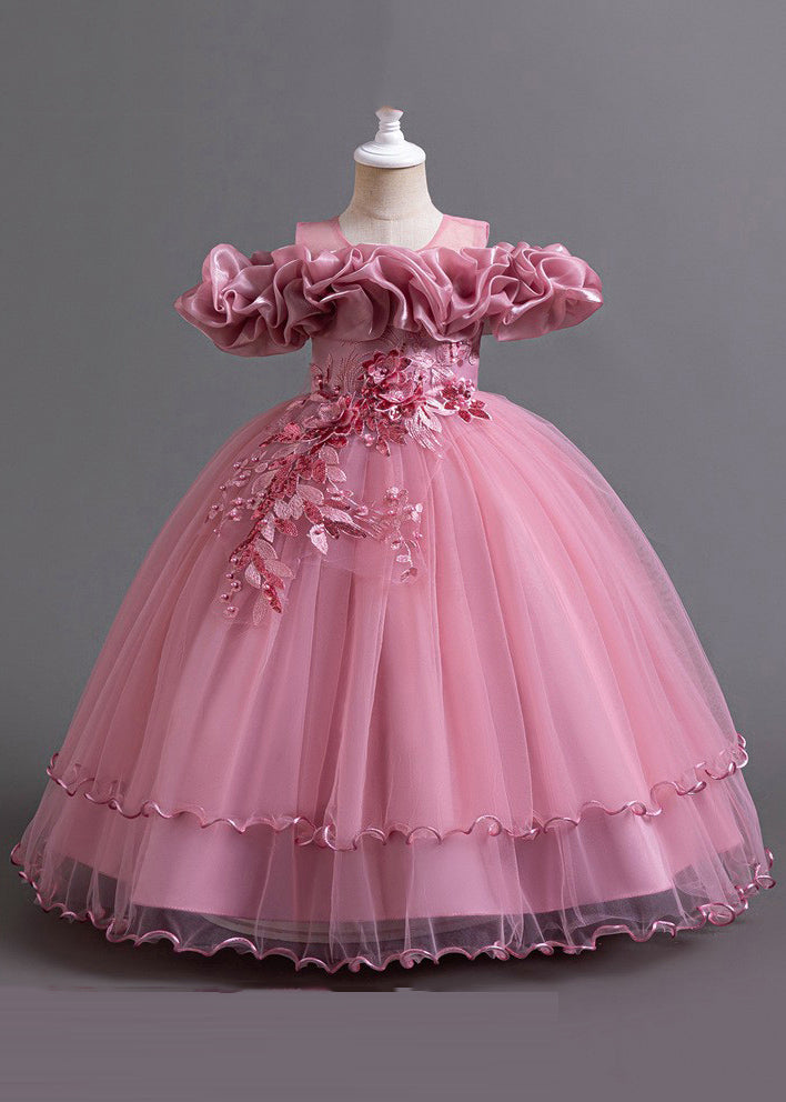 Classy Pink Embroideried Bow Tunic Tulle Girls Long Dress Short Sleeve YG018