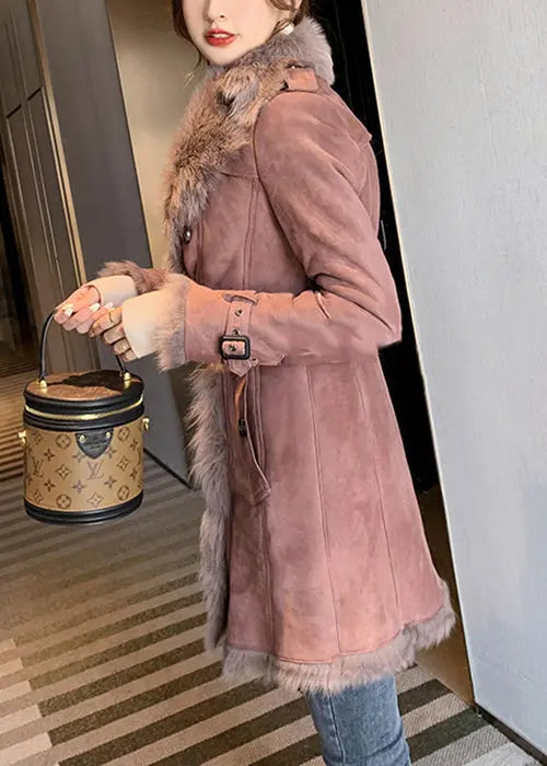 Classy Pink Fur Collar Tie Waist Leather And Fur Coats Winter Ada Fashion