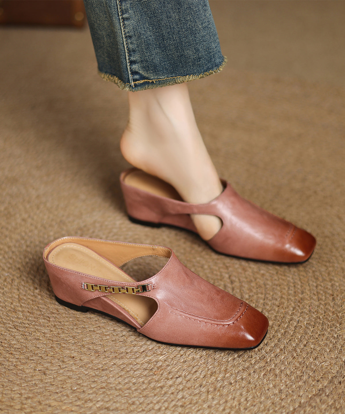 Slide Wedge Splicing Sandals Classy Pink Cowhide Leather