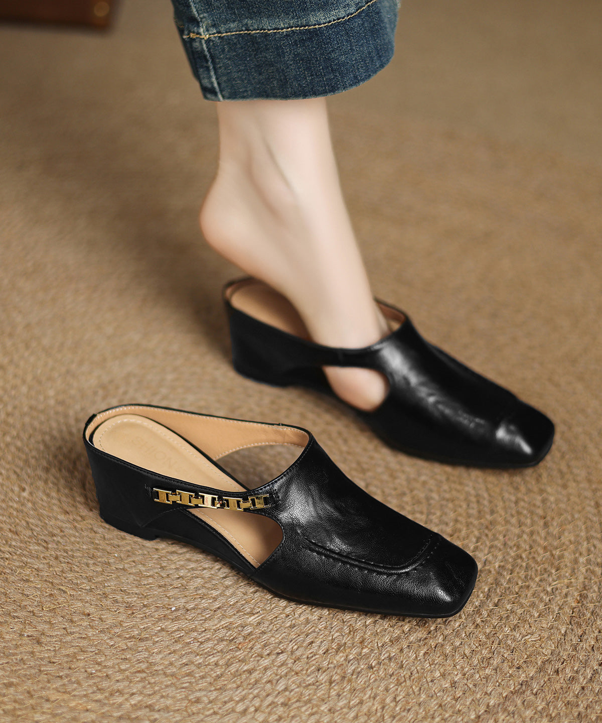 Slide Wedge Splicing Sandals Classy Pink Cowhide Leather