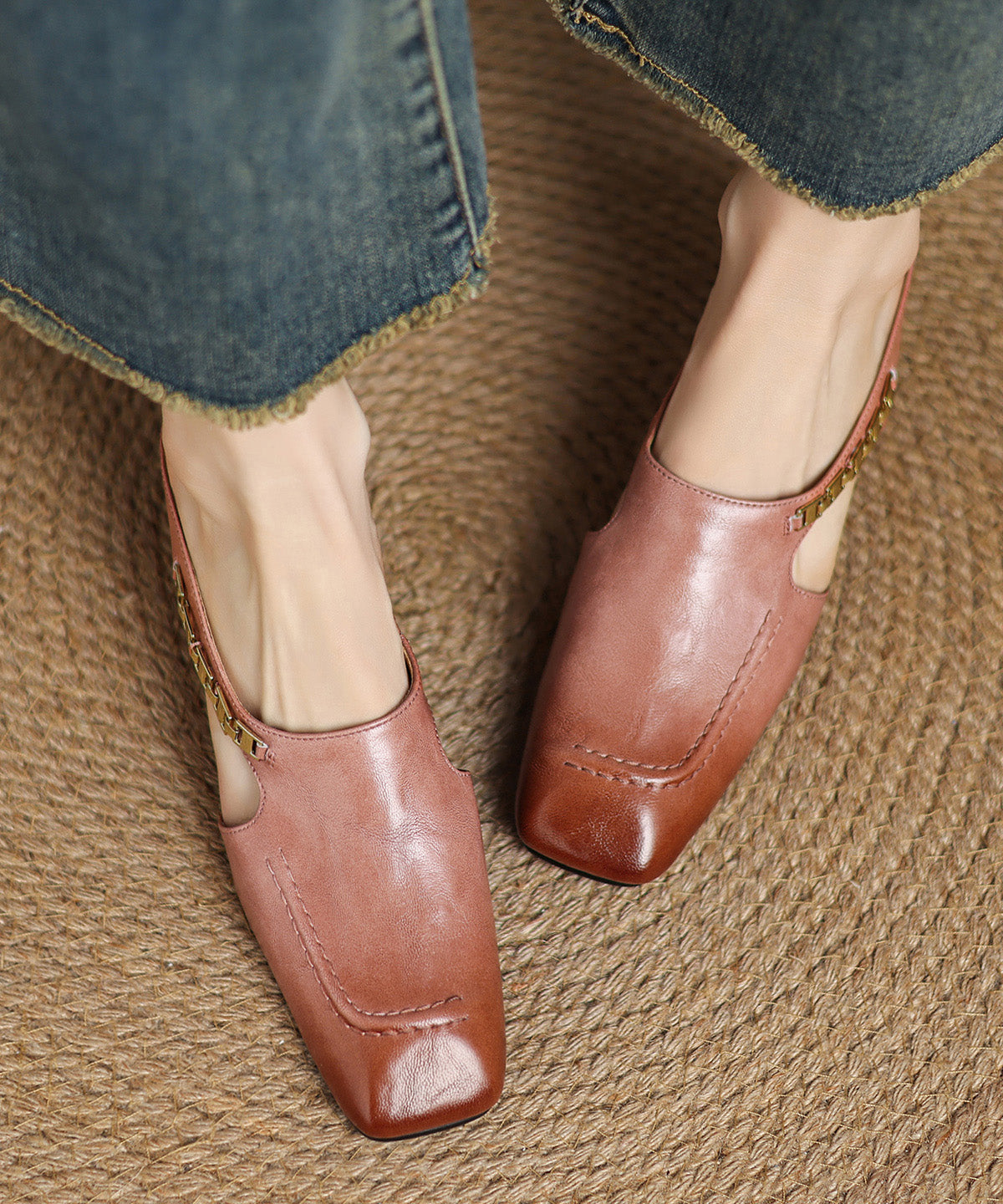 Slide Wedge Splicing Sandals Classy Pink Cowhide Leather