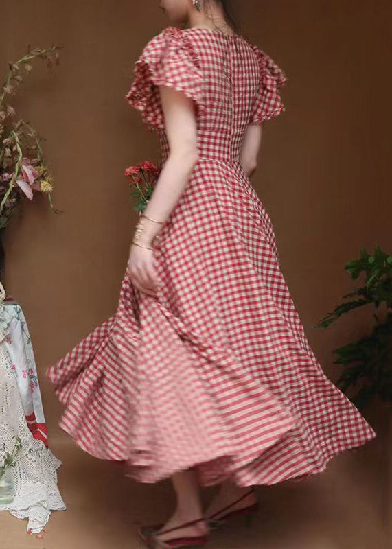 Classy Plaid V Neck Ruffled Pockets Cotton Dresses Summer KK001