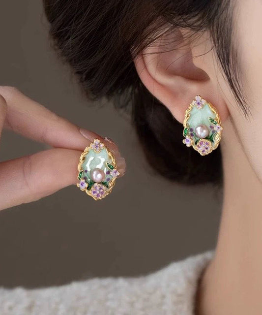 Pearl Rainbow Earrings Stud Classy Copper Overgild Floral