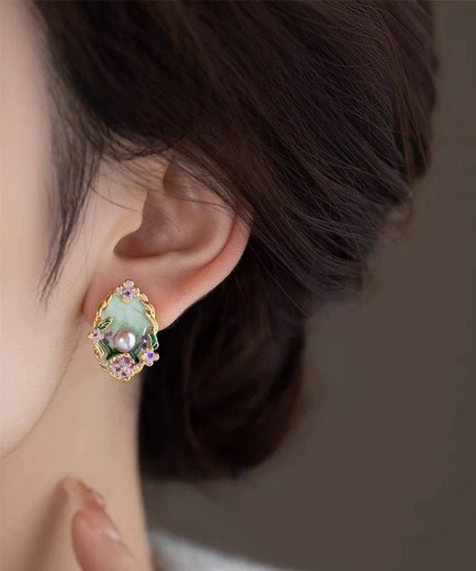 Pearl Rainbow Earrings Stud Classy Copper Overgild Floral