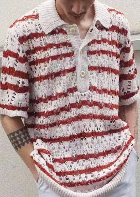 Shirts Summer Knit Striped Hollow Red Classy Polo Mens Out